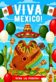 Vviva Mexico, Cinco de Mayo Mexican holiday greetings. Vector Mexican flag balloons, Cinco de Mayo fiesta tequila, cactus and avocado with sombrero, poncho and guitar or maracas, chili pepper and taco