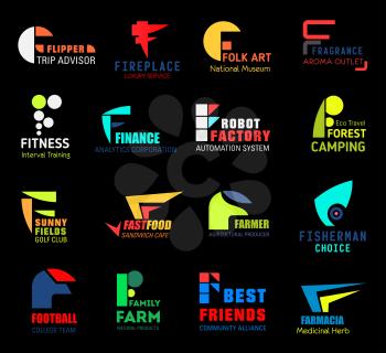 F letter icons for business or name signs. Flipper and fireplace, folk and fragrance, fitness and finance, factory and forest. Field and fast food, farmer and fisherman, football and friends vector