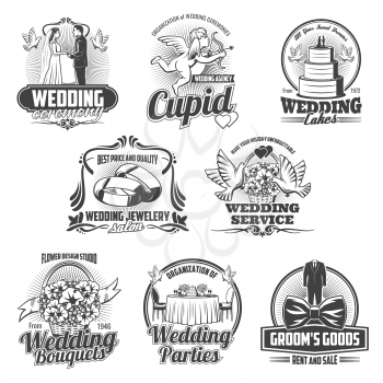 Wedding ceremony and marriage vector icons. Love heart, gift and cake, bride dress and groom bow, bridal bouquet, church and rings, dove, cupid arrows and balloon. Wedding salon and service design