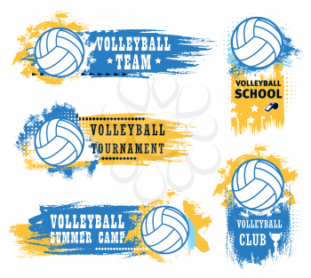 Volleyball sport game tournament vector icons of balls, championship match winner trophy cup and referee whistle with blue and yellow brush strokes. Volleyball sport club or team emblems design