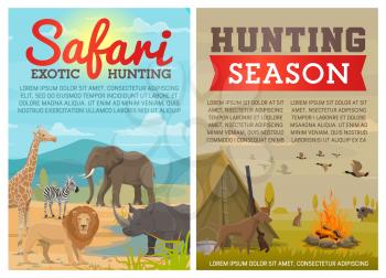 Hunting sport and safari tour posters with forest and savanna animals. Hunter gun, dog and duck, elephant, lion and rhino, deer, boar and zebra, giraffe, tent and campfire. Hunting season vector theme