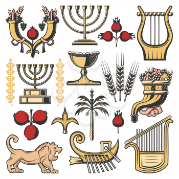 Israel judaism religion and culture symbols. Vector jewish menorah, Jerusalem lion of Judah and cornucopia with pomegranate, grape and wheat, date palm, King David harp or lyre and boat of Zebulun