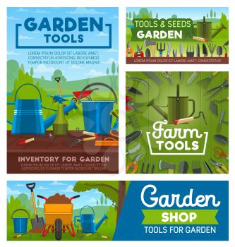 Tools of garden works and farming. Rake, shovel and watering can, fork, hose and trowel, bucket, axe and saw, spade, pruner and pitchfork. Farming instruments and equipments shop vector design