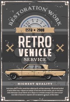 Retro car service of auto repair and vehicle restoration. Vector automobile with vintage speedometer, spanners and wrenches. Mechanic garage, tuning workshop and transport maintenance theme