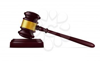 Judge hammer, decision mallet realistic vector, judge equipment. Vector court item, justice and verdict announcement, guilty or innocent. Judicial branch of power symbol, auction object isolated