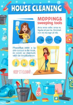 House cleaning service vector design of woman professional cleaner sweeping and mopping floor with cleaning tools, broom, brush and mop, vacuum cleaner and bucket. Housework or housekeeping theme