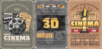 Movie theater or retro cinema, 3D seance and motion picture festival. Film reel and tickets with clapperboard. Vector TV set screen and glasses, gold award with star, entertainment event, movie time