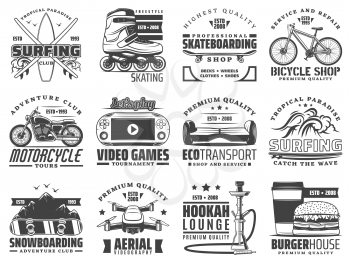Hobby activities, recreation and sport vector icons. Surfing and skating, skateboarding and bicycle, motorcycle and video games. Eco transport and snowboarding, aerial videography and hookah, fastfood