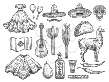 Mexican traditional symbols isolated sketches. Vector national dress huipil and sombrero hat, tequila and cactus, pancho and guitar. Calavera skull and burrito, llama and flag, avocado, Cinco de Mayo