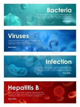 Bacteria and viruses, infection and hepatitis b medical research and treatment. Vector germs and microbes, parasites and pathogens, disease cells 3D background. Microscopic organisms and bodies