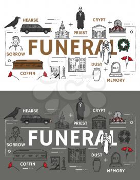 Burial ceremony or interment, funeral service signs icons. Vector outline earse and priest, crypt and grave, memory gravestone, dust and coffin. Crow and photo with candle, flowers and angel statue