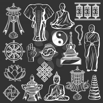 Buddhism religious symbols, spirituality icons. Vector Buddha and lotus, monk and meditation pose, ok sign and swastika. Pebble pile and spinning drums, mortar and yin yang, mandala and zen