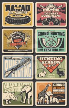 Hunting sport equipment shop, weapon and wild animals. Vector bullet and binoculars, compass and rifle or gun, horn and crossbow, knife and rabbit. Blackcock and hippo, giraffe and elephant, rhino