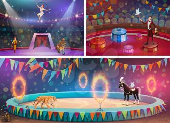 Circus arena, chapiteau show and handler with gymnast, magician and animals. Vector woman in hoop and man with whip, bear on bicycle and flame circles. Tiger and horse, juggling monkey and dove