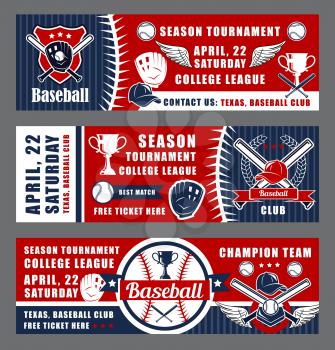 Baseball sport equipment banners. Vector baseball league team championship or college fan club game, bat and ball with victory cup and ribbon