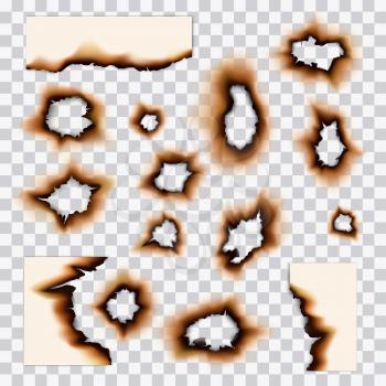 Burnt paper holes and fire scorched damages. Vector realistic paper pages and sheet scraps with fire burned edges, burnt sides and holes