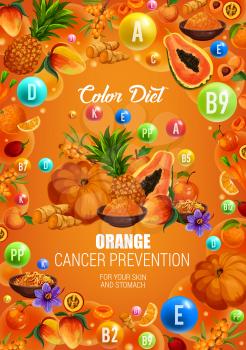 Color diet orange food healthy nutrition. Vector natural organic fruits, berries and spices with vitamins and minerals in orange color diet for cancer prevention, skin and stomach health