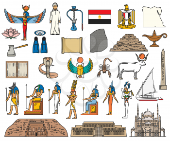 Ancient Egypt religious symbols and sacred gods. Vector Egyptian culture and history pyramid, Amon or Anubis and Osiris, Arab bedouin or scarab and scorpion, mosque and pharaoh temple, map and flag