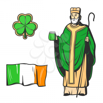 St Patricks Day vector symbols of Saint Patrick apostle of Ireland with glass of green beer and bishop crosier, three leaved shamrock and flag of Ireland sketches. Irish holiday of patron saint