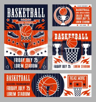 Basketball sport championship or college teams tournament posters. Vector basketball club or league victory cup, player sneakers and ball wings at arena stadium