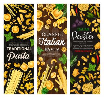 Italian pasta, Italy traditional food dishes. Vector farfalle, fusilli or fettuccine and linguine with penne or conchiglie and pappardelle or gnocchi on restaurant menu