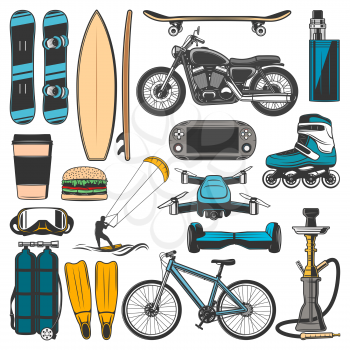 Modern leisure, sport hobby lifestyle entertainment items. Vector snowboard, surfboard and skateboard or roller skates, bicycle and motorcycle with windsurfing, scuba diving and hoverboard or drone