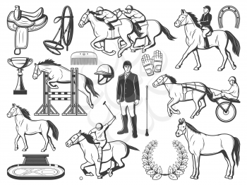 Equestrian sport, horse polo racing equipment accessory. Polo jockey rider bat and outfit, horse racing carriage and saddle harness, equine horserace cart on ride course and horseshoe vector icons