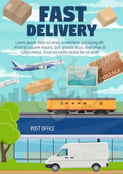 Fast delivery, post office mail, correspondence and parcels shipping. Vector post office and express delivery courier van with newspapers and letter envelopes cargo on airplane or railroad freight