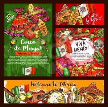 Mexican Cinco de Mayo fiesta party sombrero, tequila margarita and guitar, chili, cactus and Mexico flag, taco, skull and maracas. Latin American festival bunting and pinata sketches. Vector design