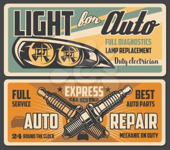Car service auto light lamps diagnostic and replacement, spark plugs change. Vector retro posters of automotive mechanic restoration and garage station or transport spare parts shop
