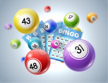 Lottery balls and tickets 3d vector illustration of lotto, bingo or keno gambling sport games. Colourful balls and betting slips with numbers, gaming industry and casino advertising design
