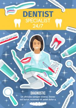 Dentist doctor and teeth treatment dental medicine clinic poster. Vector exodontia or orthodontic therapy treatment and implantation surgery, tooth implants and braces, toothbrush or toothpaste