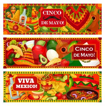 Cinco de Mayo and Viva Mexico banners, Mexican holiday celebration greetings. Vector traditional Cinco de Mayo fiesta food jalapeno pepper, avocado and nachos, Mexican poncho and pinata
