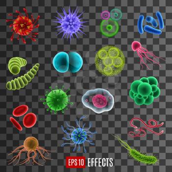 Bacteria, germ and virus cells 3d icons of microorganisms, harmful microbes and infectious disease pathogens on transparent background. Medicine, health care and microbiology science vector theme