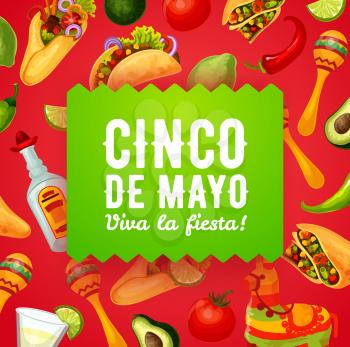 Cinco de Mayo fiesta food and drinks vector greeting card of Mexican holiday design. Maracas, pinata and chilli peppers, tequila, margarita and lime, tacos, burritos and avocado, tomato and jalapeno