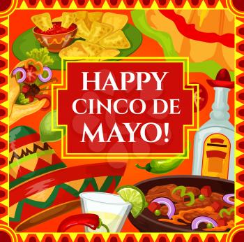 Happy Cinco de Mayo, Mexican holiday and Mexico fiesta celebration. Vector Cinco de Mayo party food fajita and nachos with pepper and tomato salsa, tequila and lime, Mexican dress and sombrero