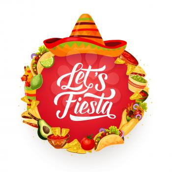 Mexican fiesta party food, Cinco de Mayo holiday pinata and sombrero vector design. Chilli tacos, burritos and nachos, avocado guacamole, tomato sauce salsa and lime. Puebla Battle greeting card