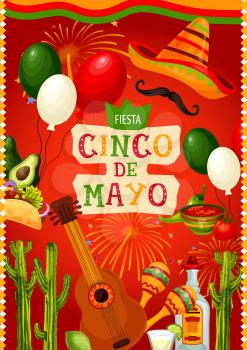 Cinco de Mayo Mexican holiday mariachi sombrero, guitar, fiesta party food and drink vector design. Cactus tequila, margarita and maracas, chilli pepper, lime and mustache, tacos, avocado and balloons