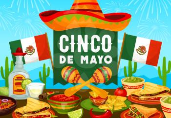 Cinco de Mayo holiday vector greeting card with Mexican food and fiesta party drink. Sombrero, maracas and tequila margarita, cactus, cigar and flags of Mexico, chilli tacos, nachos and avocado