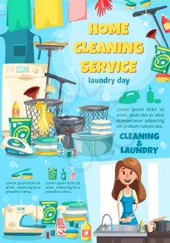 House cleaning service and laundry, dishwashing. Vector washing and sewing machine, iron and detergent, gloves and sponge, housewife near sink. Sprayer and brush, thread and linen, basin and towel