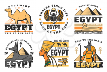 Travel to Egypt, great pyramids isolated icons. Vector camel and scarab, sphinx and Pharaoh Hound, Nefertiti queen and Anubis God. Ancient history of Egyptian culture and religion, museum symbols
