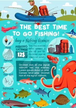Sea fishing and buying license, fisherman and fish with tackles. Vector rod and hook, bait and net, gumboots and cauldron. Backpack and octopus, shrimp and catfish, squid and crab, flounder and marlin
