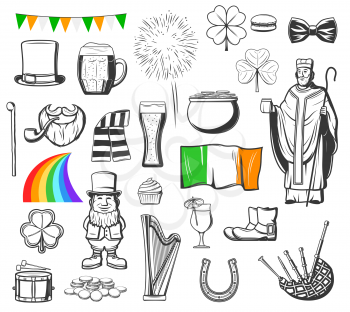 St Patricks Day religion holiday of Ireland vector symbols. Pot with gold, leprechaun and hat, clover green leaf, rainbow and lucky shamrock, beer mug, horseshoe and irish flag, harp, beard and pipe