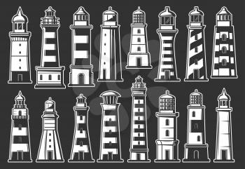 Marine lighthouse and beacon monochrome icons. Navigation in sea, safety on water, navigational construction on shore or coast. Nautical building tower with signal on top, vector isolated objects