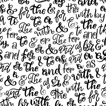 Prepositions, articles and ampersands seamless pattern. Vector fonts, decorative handwriting or handwritten monochrome lettering. Calligraphy and English grammar elements, black print letters