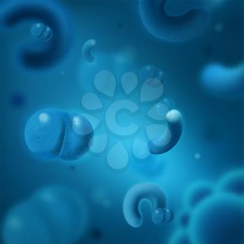 Microscopic bacteria, germs and viruses vector. Virology and microbiology, medicine science research background. Microorganisms in liquid, harmful or healthy bodies, macro cells in blue color
