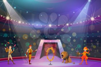 Big top circus show. Vector handler or tamer with wild lion and hoop in flames, clown in wig, juggler and monkey showing performance to audience. Performers and trained exotic animals