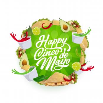 Cinco de Mayo fiesta party Mexican food vector greeting card. Chili tacos, nachos and corn tortilla, avocado guacamole and tomato salsa sauce with lime and jalapeno. Latin American holiday design