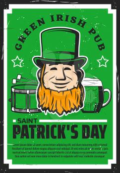 St Patricks Day leprechaun with beer vector design of Irish pub party invitation. Dwarf with green hat, orange beard and drum, mug with traditional alcohol drink of Ireland and stars