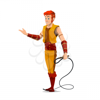 Tamer with whip, animal trainer or handler vector character. Entertainer in carnival costume and show equipment. Big top circus actor or artist in scenic outfit, cartoon performer on show